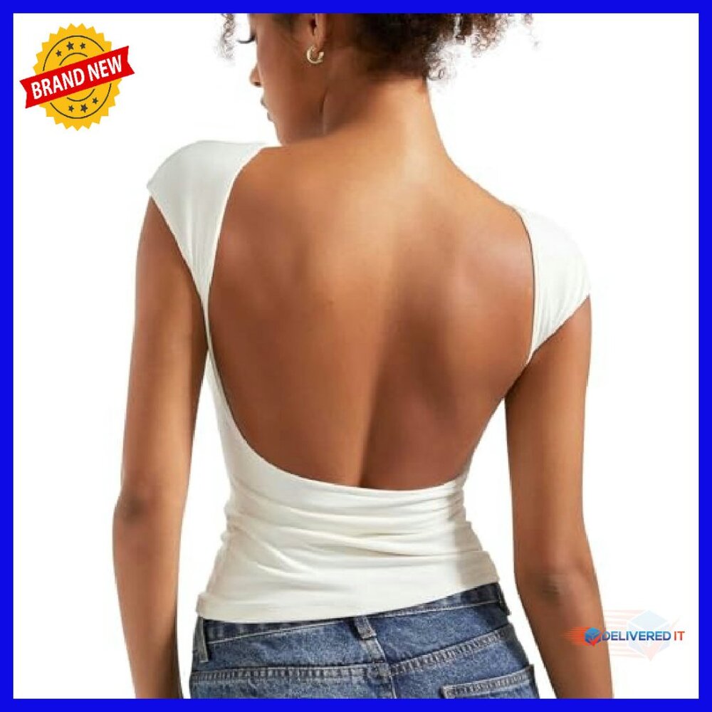 Double Lined Backless Crop Top Y2K Basic Tee Slim… - image 2